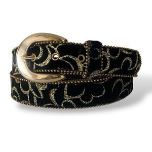 VTG USA Elite Belt Black Velvet Gold Glitter Glam Dress Belt Size L, Waist 32-36